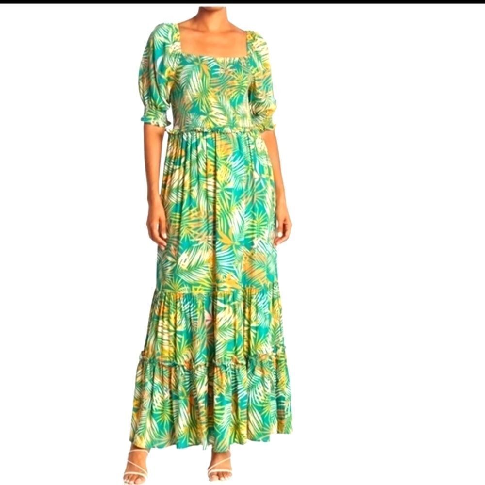 Betsey Johnson Women's Tropical Print Tiered Maxi Dress Green Size L